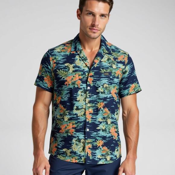 Star Wars Tropical Baby Yoda Shirt Mens Large Navy Blue Short Sleeve Resortwear - Picture 2 of 6